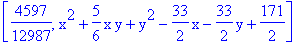 [4597/12987, x^2+5/6*x*y+y^2-33/2*x-33/2*y+171/2]